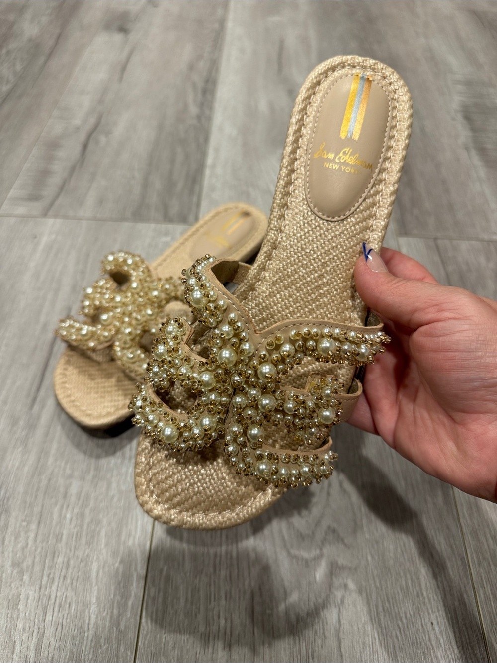 Sam Edelman Bay Pearl Raffia Beaded Slide Sandals Gold NWOB